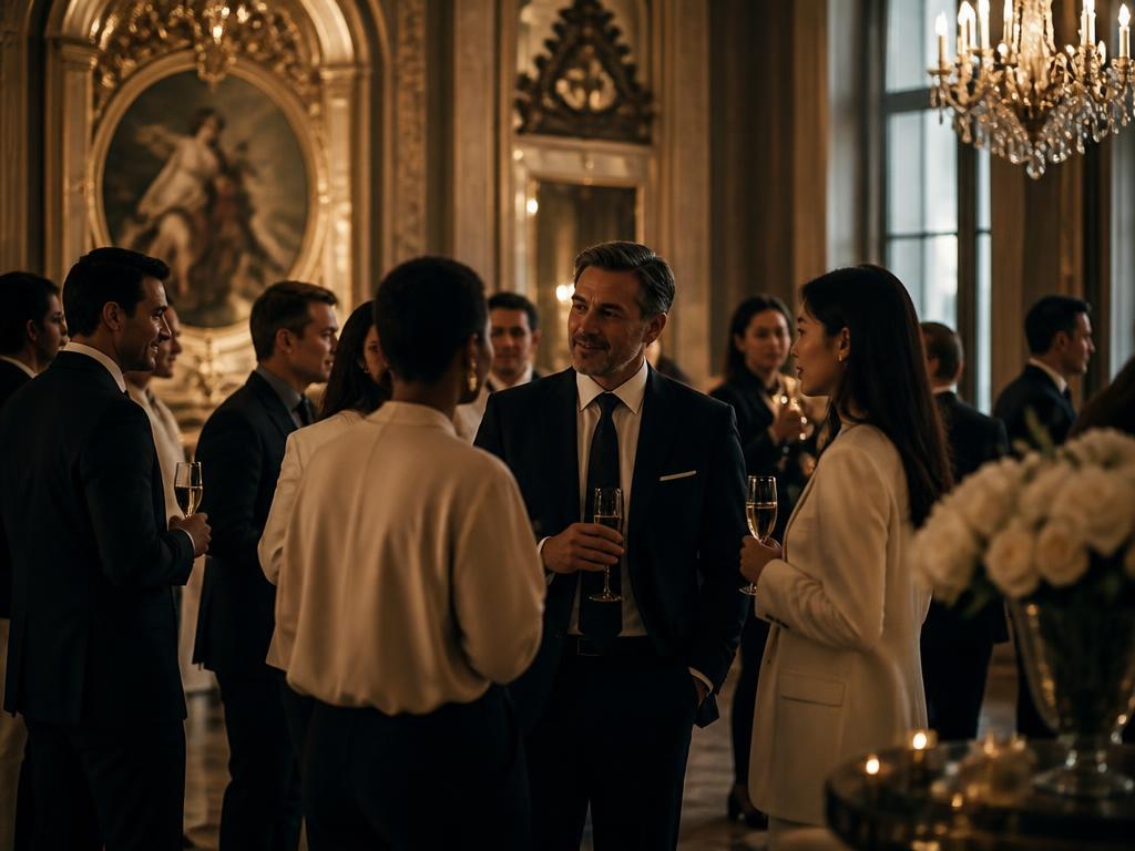 Professionnels en conversation lors d'une soirée networking premium